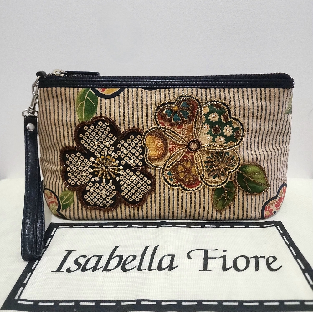 Isabella Fiore Embroidered Floral Wristlet Clutch Purse Bag w/ Gold Satin Lining